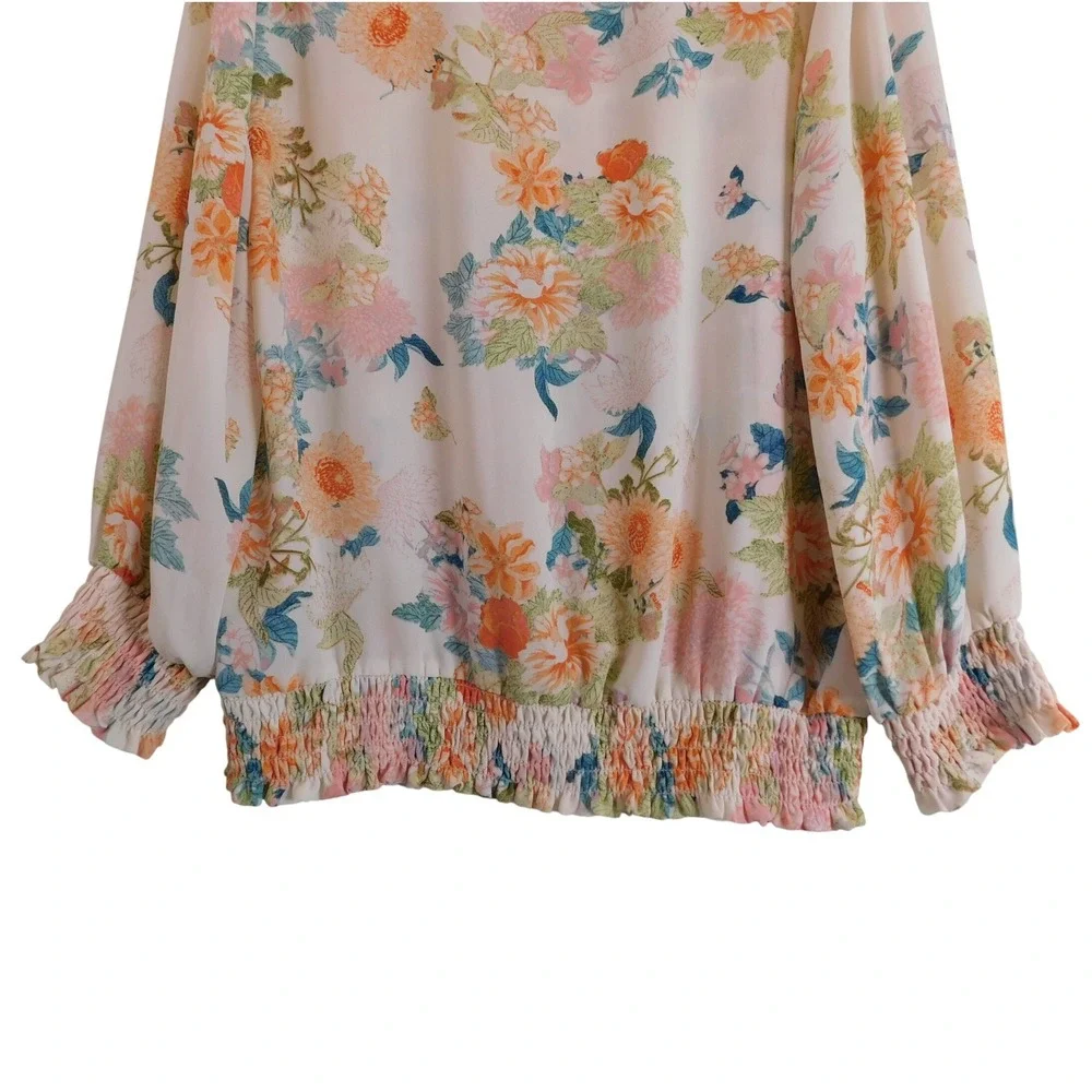 Rose + Olive Floral Smocked Blouse Cream Orange Pink Blue Long Sleeve Large - Picture 8 of 10